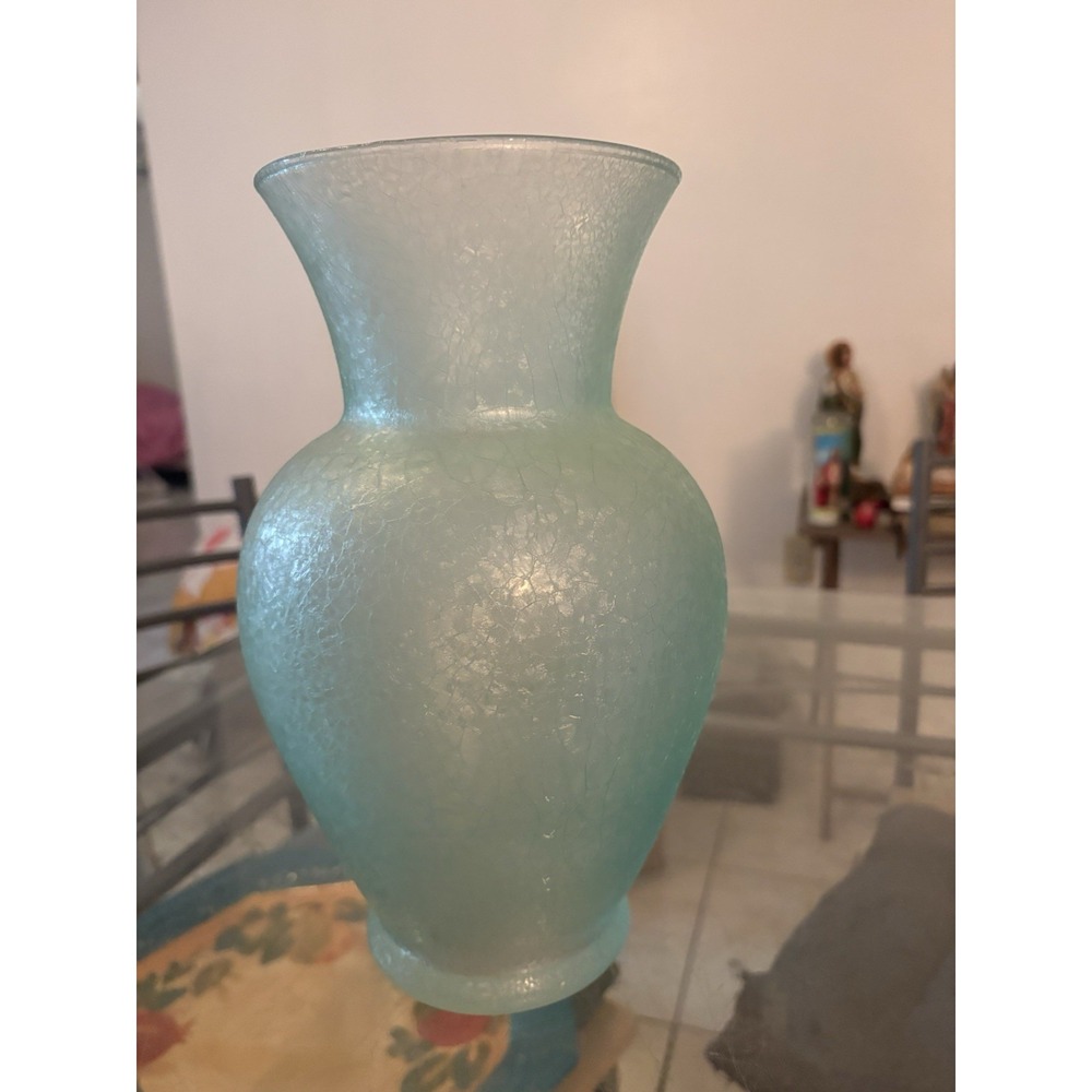 VTG Hand Blown Crackle Glass Vase Light Aqua Teal Flared Rim 11.5" Tall
